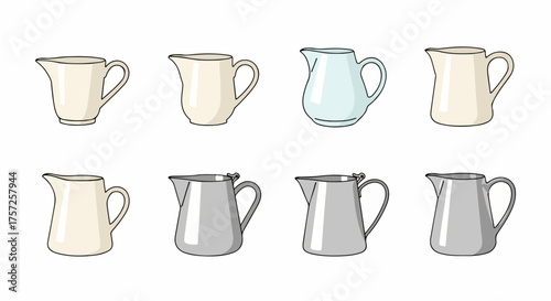 Collection of various serving pitchers and creamers, including ceramic, glass, and metal designs, isolated vector illustration set.