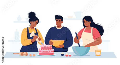 Happy friends baking together in a bright kitchen, sharing joyful moments and creating a delicious cake, perfect for lifestyle, family, or cooking content
