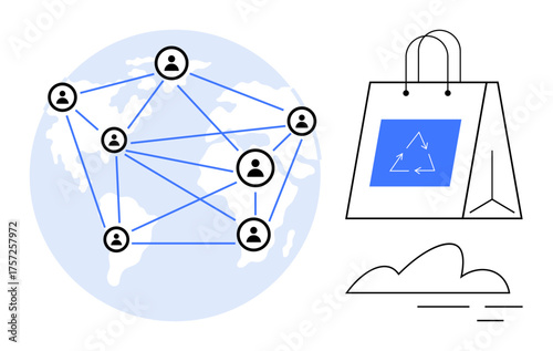 Connected people across a global network, centered on collaborative solutions and sustainability. Shopping bag with recycling icon emphasizes eco-commerce. Ideal for e-commerce, sustainability
