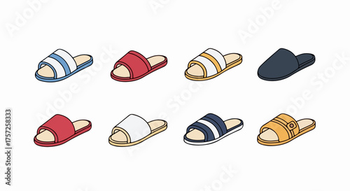 Set of vector icons featuring diverse house slippers and slide sandals in various colors, perfect for home, spa, or hotel use.