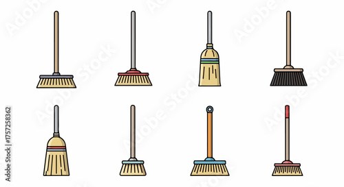 Set of eight colorful broom illustrations representing various household and cleaning tools in a flat line style, isolated on white.