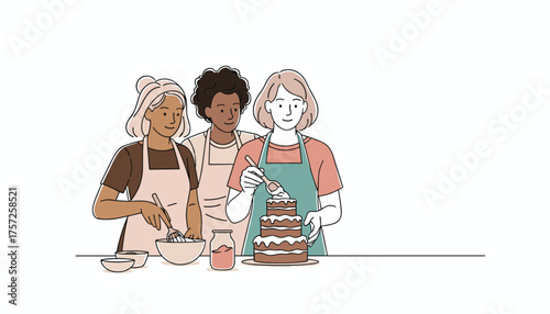 Friends baking a delicious cake together in bright kitchen, sharing recipes and creating sweet memories, perfect for lifestyle blogs or cooking tutorials