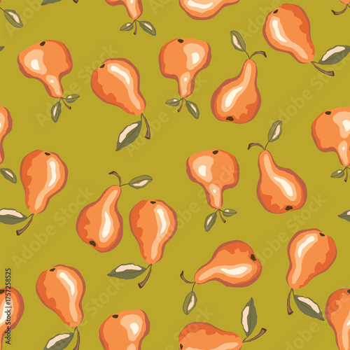 Seamless pattern with pear on color background. Natural delicious fresh ripe tasty fruit. Sweet pears with leaves. Food concept. Vector illustration for print, fabric, textile.