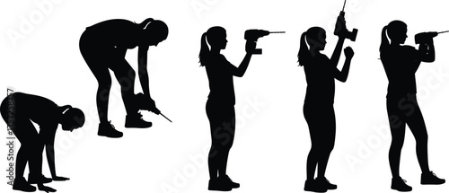 Power drill silhouette, woman using drill, construction worker illustration, ergonomic posture vector, DIY tool design, isolated black figure, handyman artwork