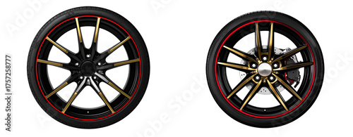 Gold and Black Alloy Wheel with Red Stripe Rim, Front View, Isolated on Transparent Background