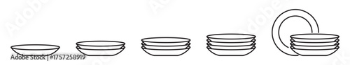 Modern set of plates linear icons isolated on transparent background. Stylish stack of dishes from one to five. Perfect symbols for kitchen, restaurant, or tableware design. Editable stroke.