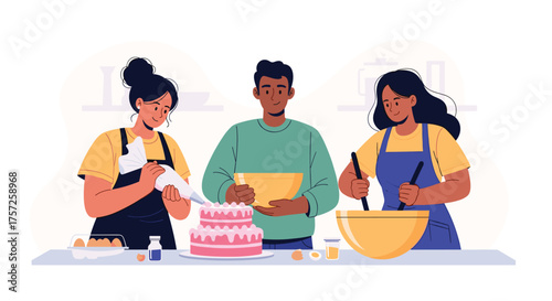 Delightful friends baking a beautiful cake together in a cheerful kitchen, perfect for celebrating life's sweet moments and joyful gatherings at home
