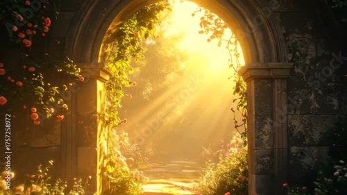 A Serene Passage: Golden Sunlight Illuminating a Secret Garden Pathway through an Archway