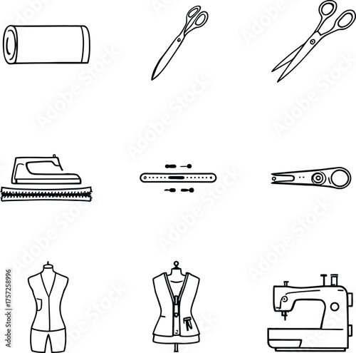 A collection of sewing and tailoring tools and equipment displayed in a line art style format