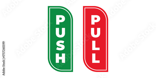 Bright green and red push pull door sign icon, simple and bold design for entrance and exit labeling in offices, shops, and public spaces.