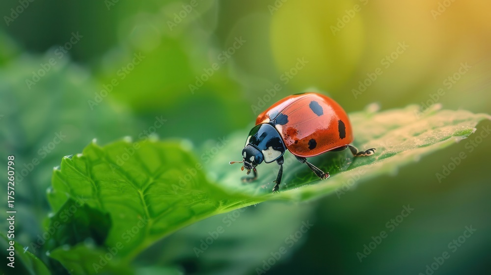 Fototapeta premium Macro Photograph of Ladybug on Leaf
