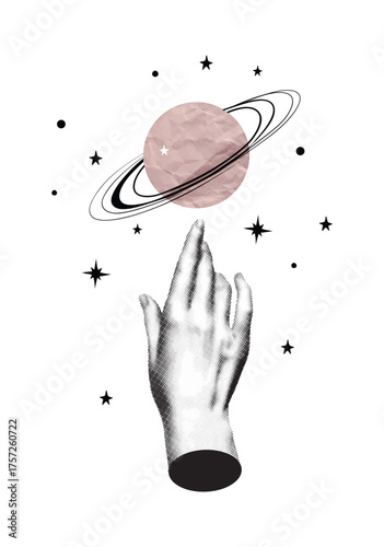 A woman s hand points to the planet Saturn, surrounded by stars. A minimalist surreal collage in a monochrome halftone style. Vector illustration related to astrology.