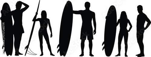 Surfing silhouette illustration, surfers with boards, paddleboard figure, beach lifestyle vector, water sport design artwork, isolated black human graphic