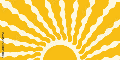  retro sunny background Groovy, hippie sun. Abstract hand drawn doodle sunshine shapes, trendy childishly sun. Contemporary summer banner, vector template poster. Vector illustration