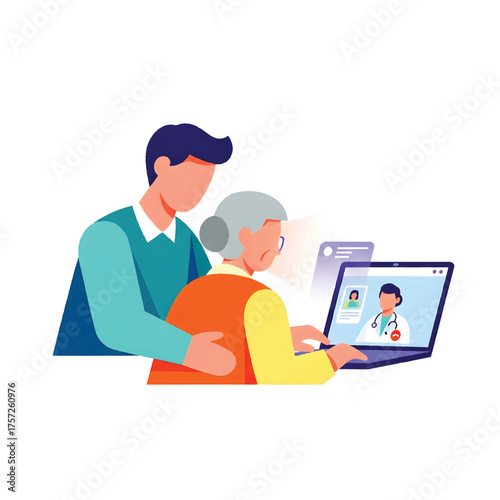 Family Assisting Elderly Telemedicine Call