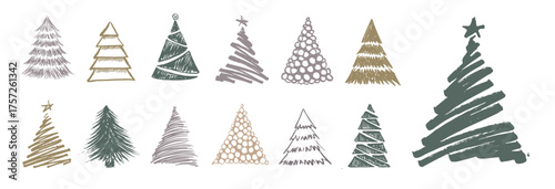 Christmas tree hand-drawn illustrations on white.
