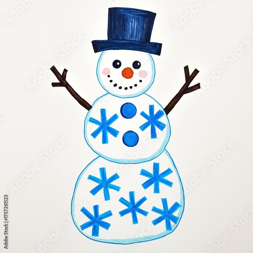 A child's drawing of a snowman with snowflakes and a blue top hat.