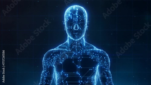 Humanoid Figure Composed of Glowing Blue Digital Data and Circuitry robot android.