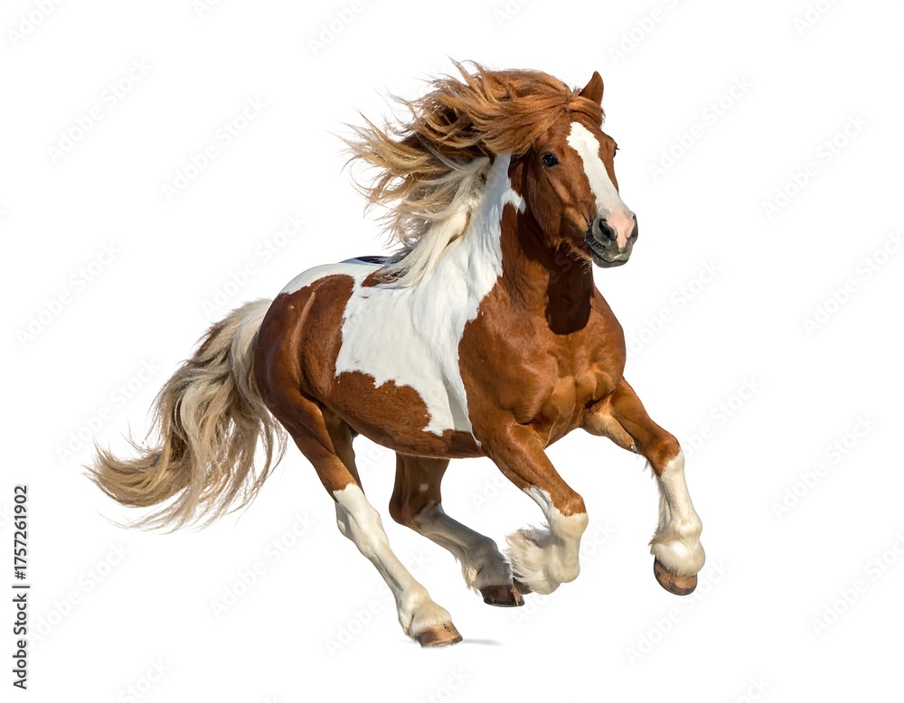 Fototapeta premium A majestic horse with a flowing mane and coat of brown and white gallops gracefully against a stark white background