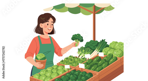 Smiling vendor offering fresh organic broccoli at vibrant farmer's market stall with crisp scallions, cucumbers, and greens for healthy eating campaigns