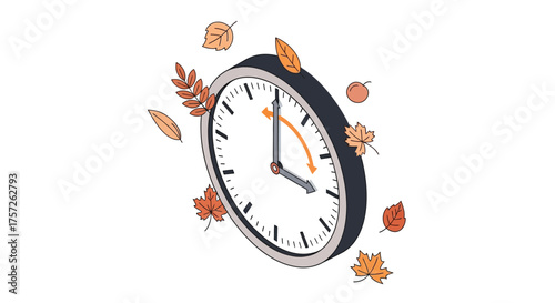 Autumn Clock Adjustment Isometric Graphic Depicting Time Moving Back for Daylight Saving Fall Back Transition with Seasonal Leaves