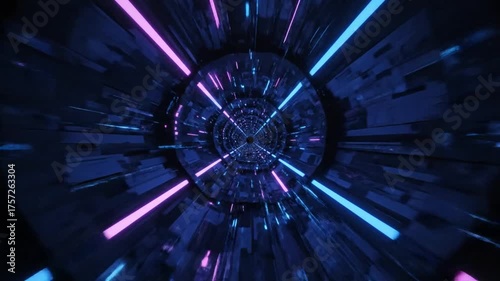 Abstract geometric tunnel with neon lights futuristic design