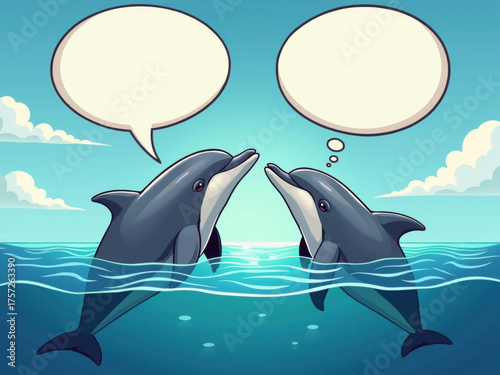 Two cartoon-style dolphins face each other, partially submerged in water. Empty thought bubbles hover above them.