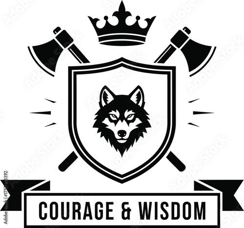 Wolf crest with axes crown and courage wisdom motto