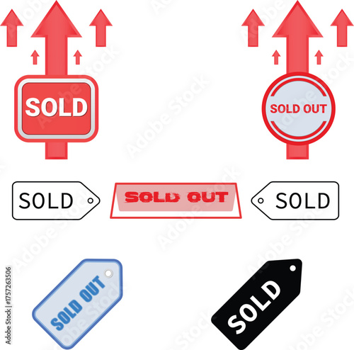 Sold and Sold out labels and icons showing product availability status and business success graphics