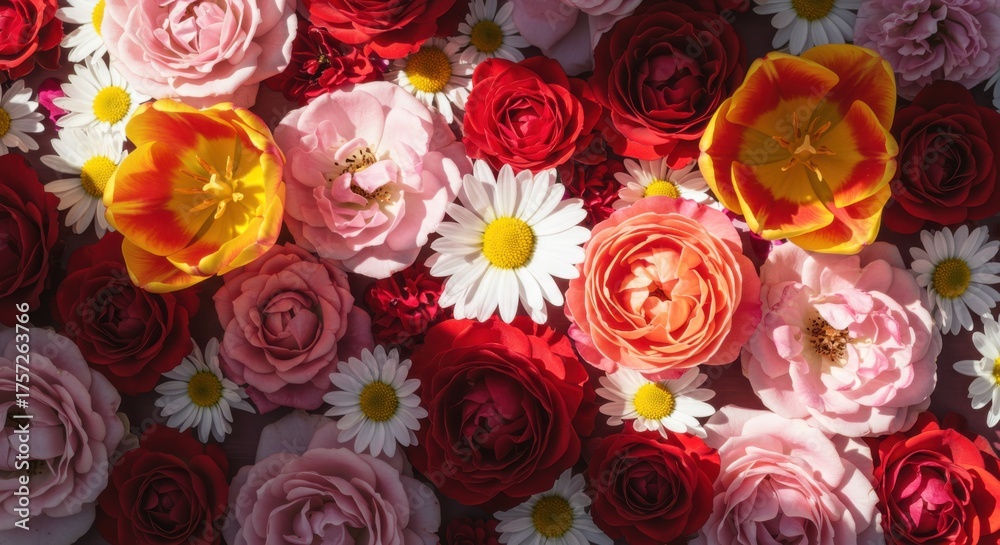 Fototapeta premium Artistic arrangement of multiple blooming flowers roses, tulips, daisies 