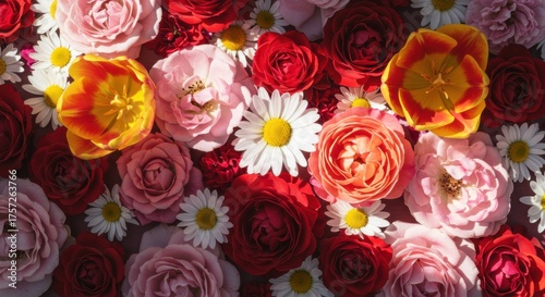 Artistic arrangement of multiple blooming flowers  roses, tulips, daisies 