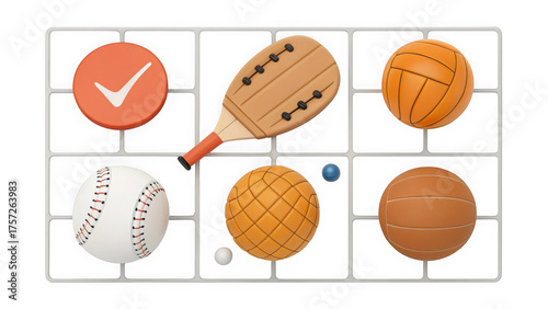 A collection of sports equipment arranged in a grid isolated on transparent background