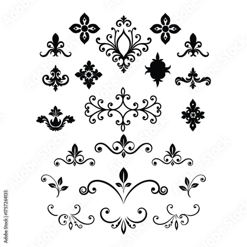 A refined collection of elegant vintage decorative elements featuring ornate flourishes, classic borders, and intricate ornaments perfect for invitations, logos, and luxury designs.