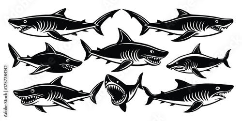 Collection of fierce shark silhouettes in various dynamic poses and angles