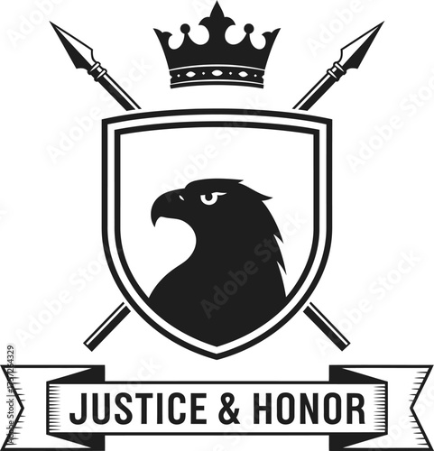 Heraldic crest with eagle crowned spears and justice honor banner