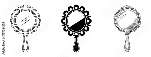 set of vintage hand mirror illustrations, black and white vector art for beauty and fairytale concepts