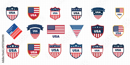 American Patriotism Emblems Set USA Flag Symbols in Red White Blue Icons Vector Illustrations Graphics Patriotic