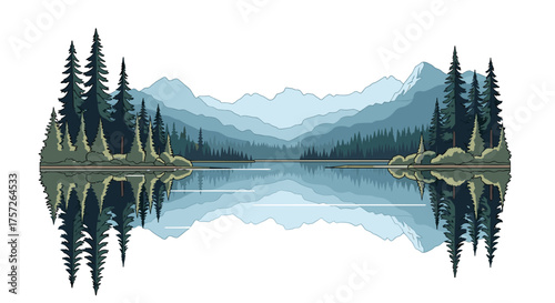 Serene mountain lake reflection with evergreen trees and misty peaks, perfect for nature lovers or travel inspiration, creating a calming and peaceful vibe