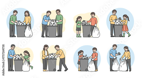 Families collaborate on household chores, promoting responsibility and a clean environment by taking out the trash together in these heartwarming scenes