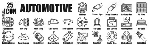 Automotive icon pack collection set for Oil Filter, Exhaust Pipe, Drive Shaft Car, Radiator Fan, Air Filter.