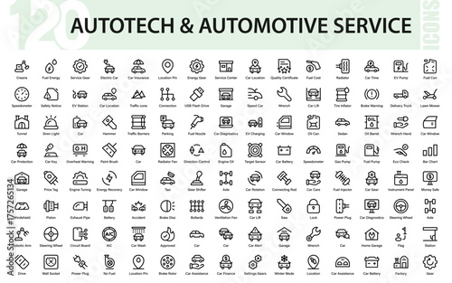 Ultimate Automotive service Icon Collection. Vector Symbols for Car Repairs, EV Charging, Mechanics Tools, and Vehicle Maintenance.