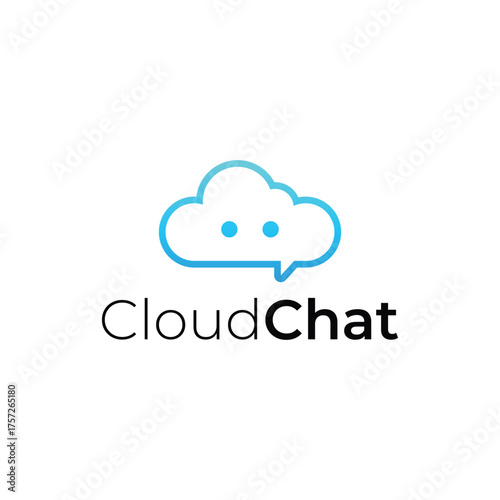 Modern cloud chat logo combining speech bubble, cloud, and robot elements. Perfect for messaging app, tech company, or AI communication brand.