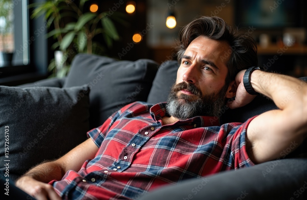 Obraz premium Man relaxing on sofa with thoughtful expression in cozy living room setting