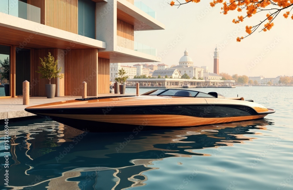 Obraz premium Luxury yacht docked near modern waterfront building with cityscape and historic landmarks in the background