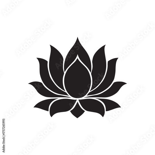 Elegant dark gray silhouette of a blooming lotus flower on a white background symbolizing purity and enlightenment