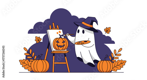 Whimsical Halloween Fun Ghost Painting a Pumpkin, perfect for spooky season designs and creative holiday projects that bring cheerful festive vibes