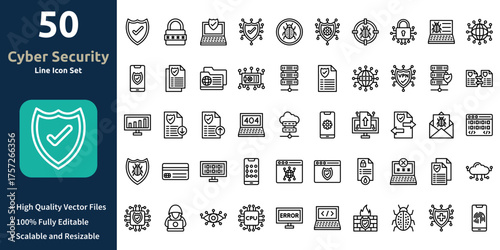 Cyber Security icon set in Outline style. Minimilist and trendy Icon set. Containing Icons,Secure,Password,Laptop,Shield,Antivirus,Gearand so on.