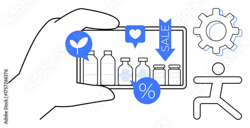 Hand holding device displaying bottles, eco-friendly and sale icons, heart for thumbs ups, settings gear. Ideal for mobile commerce, eco-consumerism, discounts, technology, online shopping fitness