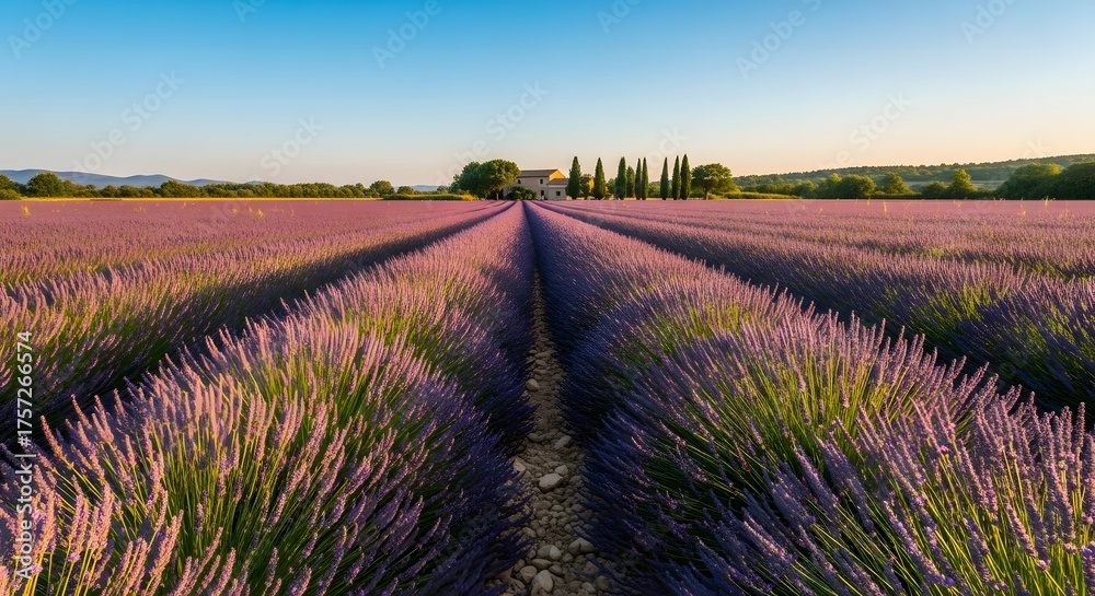 Obraz premium Vast lavender field under a bright blue sky with rows leading to distant trees