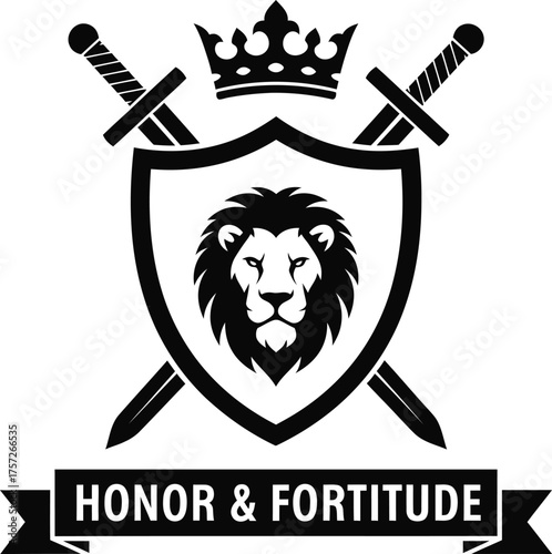 Lion shield with swords and crown emblem honor and fortitude